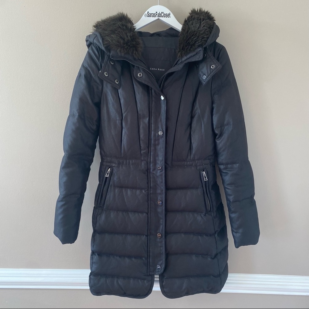 Zara Basic Long Down Black Puffer Jacket with Faux Fur Hood